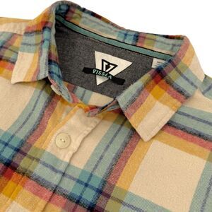 VISSLA Men's Central Coast Eco LS Flannel Plaid Shirt Cream/Teal Medium